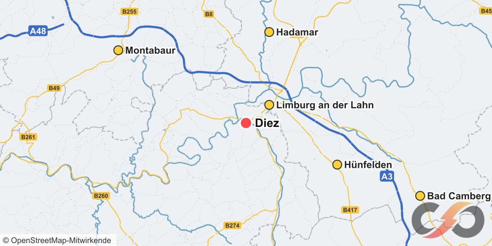 Karte des Einsatzgebiets für die DGUV V3 Prüfung in Diez und Umgebung