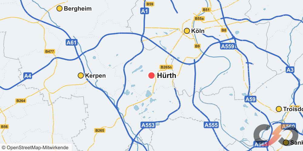 Karte des Einsatzgebiets für die DGUV V3 Prüfung in Hürth und Umgebung